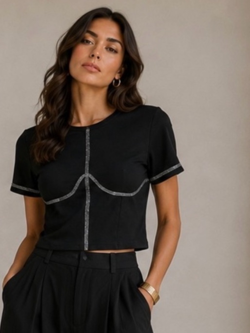 Maniere De Voir Black Embellished Corset Style Crop Top Sz Small